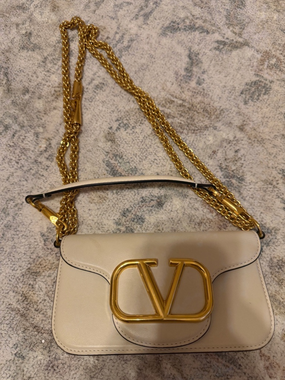 Valentino Cream Leather Shoulder Bag with Gold V Logo Chain